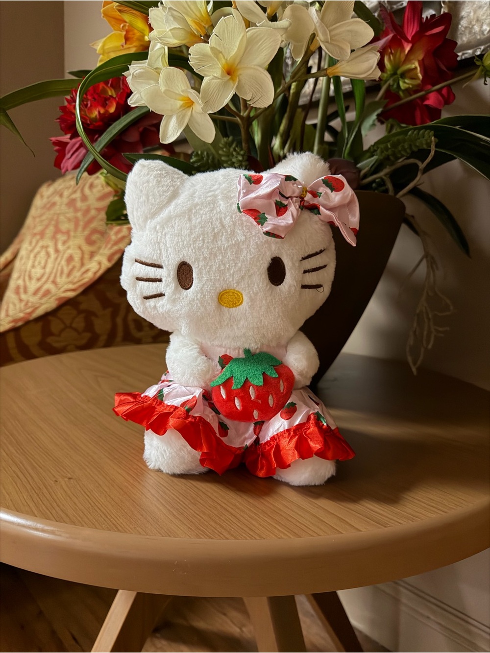 Hello Kitty White Plush 8” with Red and Pink Strawberry Outfit